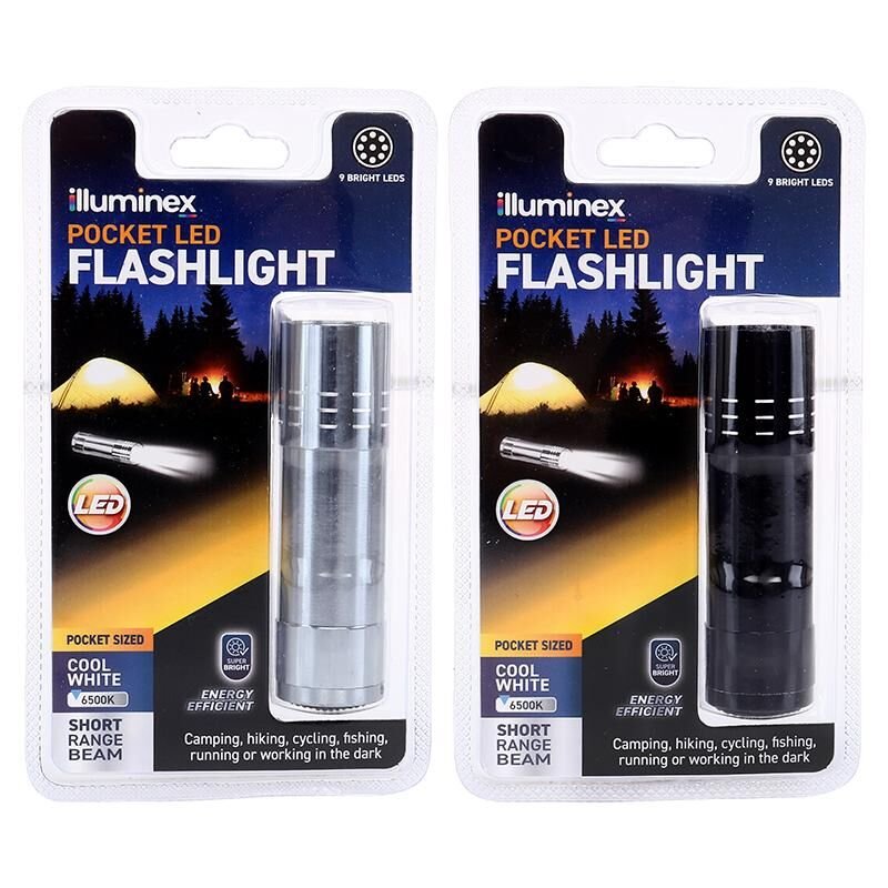 Flashlight Battery Operated 9 LED Red, Black, Blue & Silver Assorted 8.3cm x 2.5cm